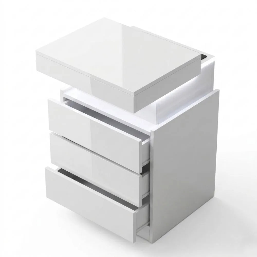 Moderner Nachttisch mit LED und USB, Nachtschrank mit Licht und Schubladen für Wohnzimmer in Weiß