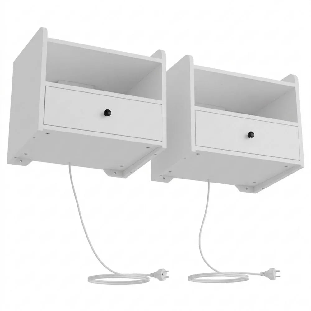 Wandmontierter Nachttisch mit Schubladen und Steckdosen, 2er Set, Weiß, für Schlafzimmer