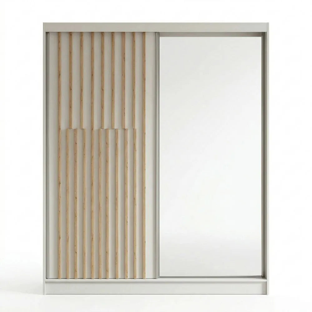 Lamellen-Garderobenschrank mit Spiegel und Schwebetüren, Mehrzweck-Organizer, 150 cm, Weiß-Braun